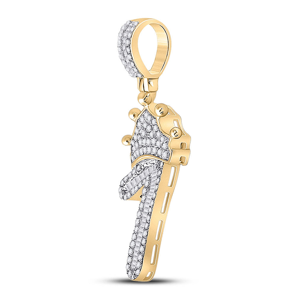 10K Yellow Gold Mens Baguette Diamond Number Crown Charm Pendant