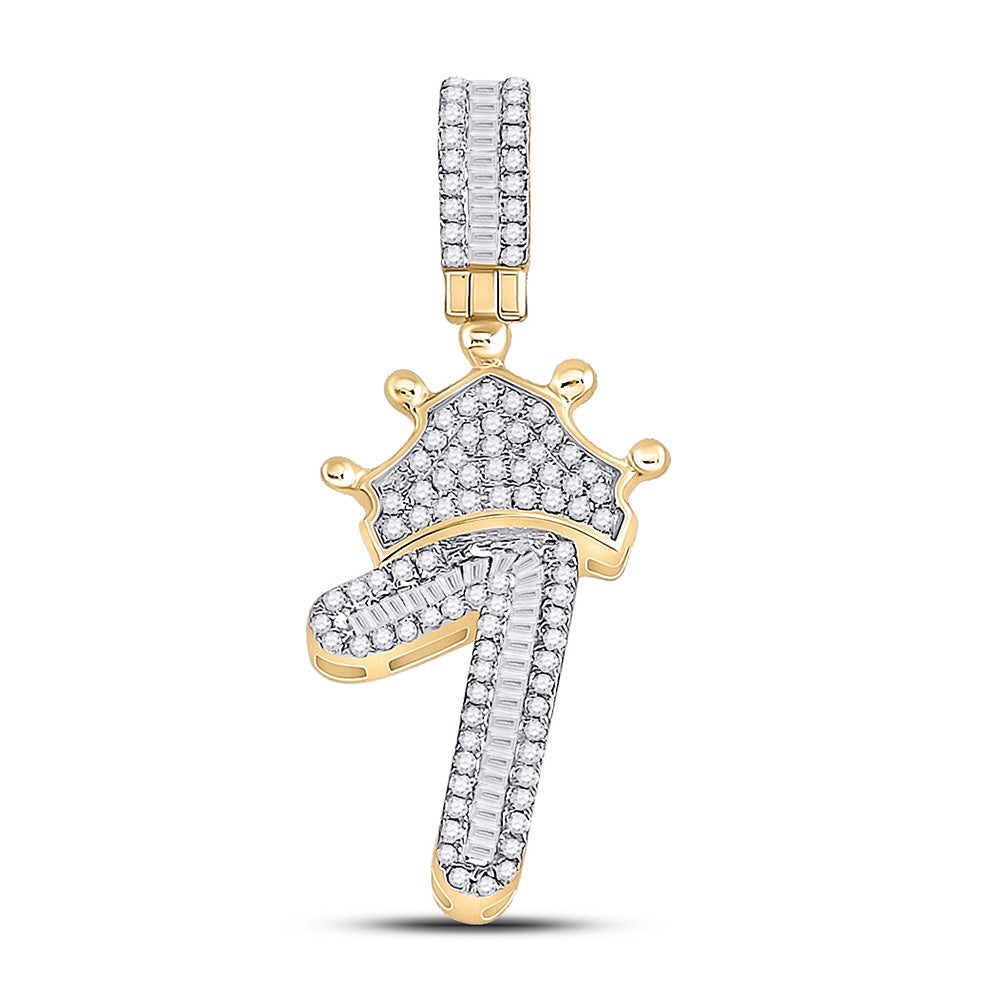 10K Yellow Gold Mens Baguette Diamond Number Crown Charm Pendant
