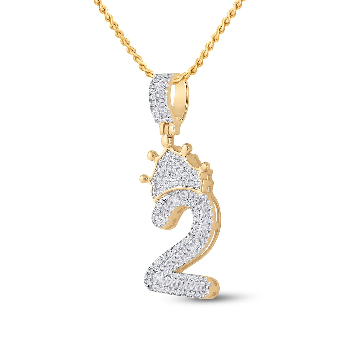 10K Yellow Gold Mens Baguette Diamond Number Crown Charm Pendant