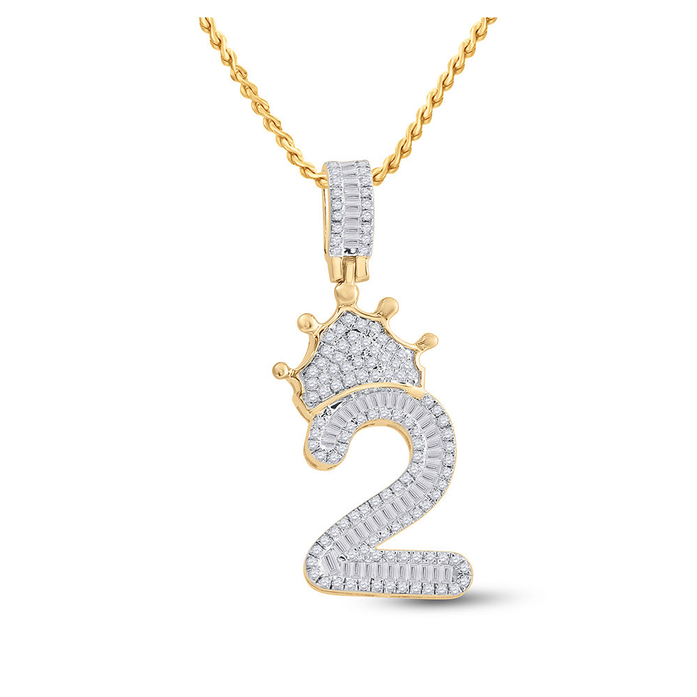 10K Yellow Gold Mens Baguette Diamond Number Crown Charm Pendant