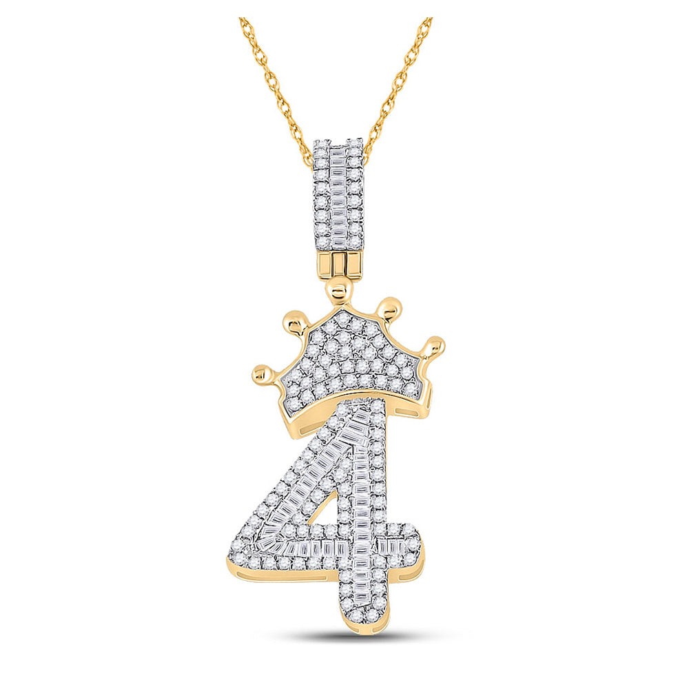10K Yellow Gold Mens Baguette Diamond Number Crown Charm Pendant