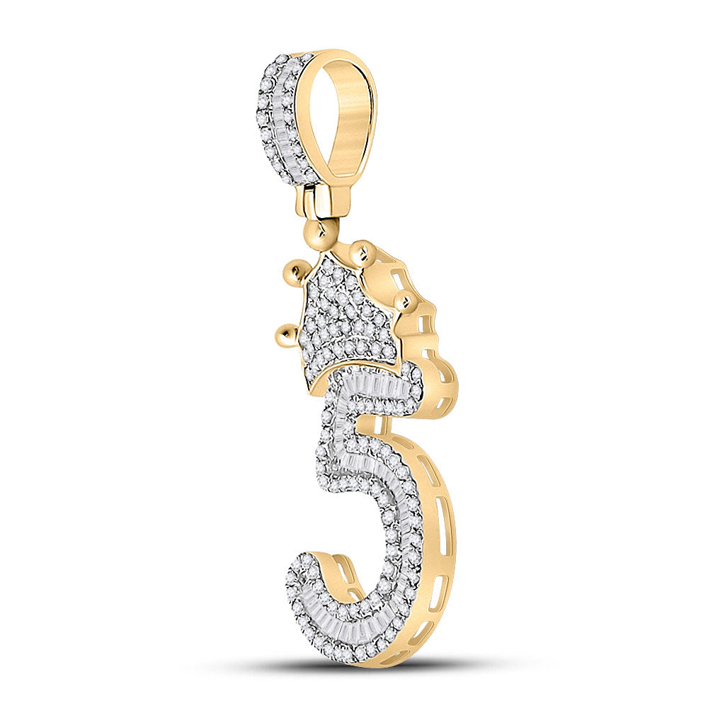 10K Yellow Gold Mens Baguette Diamond Number Crown Charm Pendant