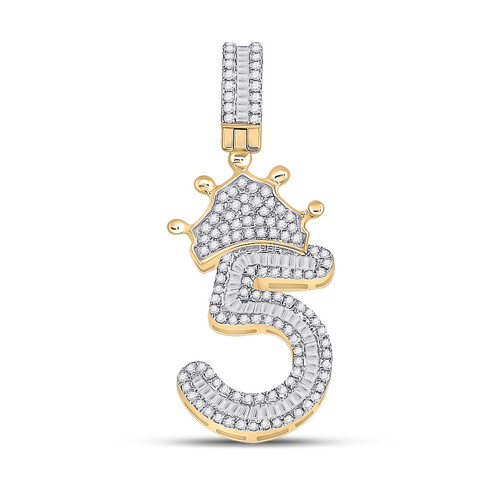 10K Yellow Gold Mens Baguette Diamond Number Crown Charm Pendant