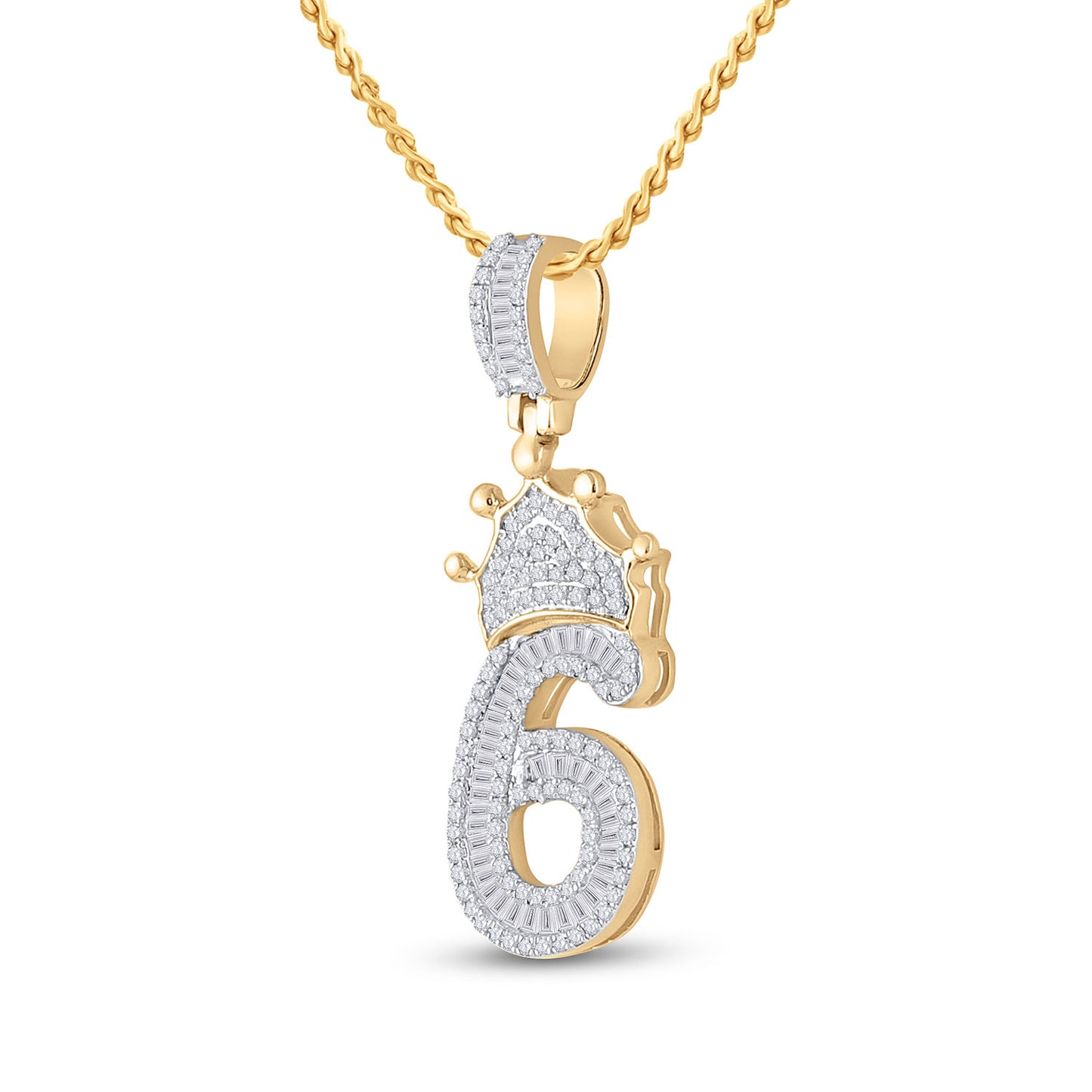10K Yellow Gold Mens Baguette Diamond Number Crown Charm Pendant