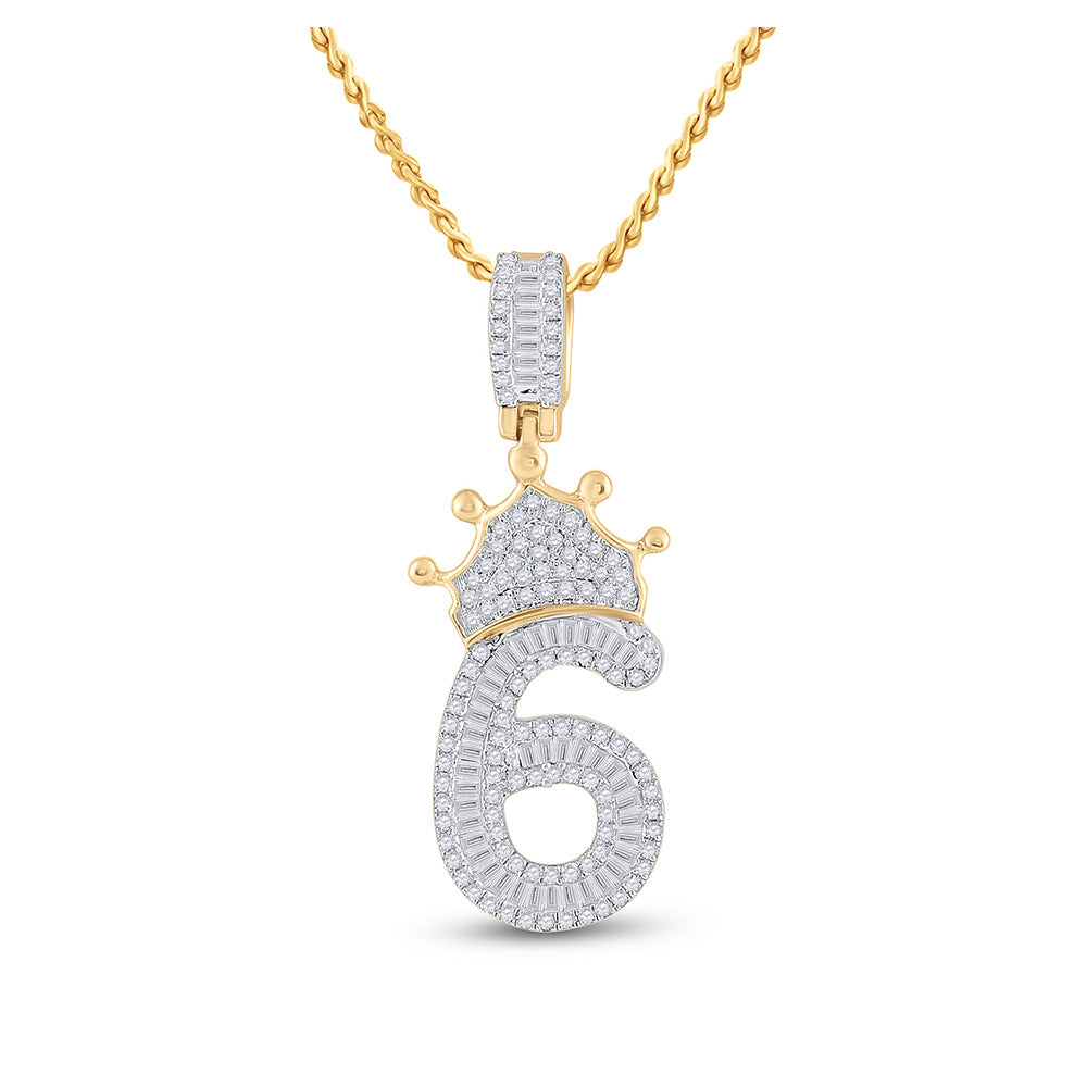 10K Yellow Gold Mens Baguette Diamond Number Crown Charm Pendant