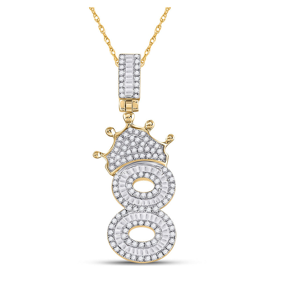 10K Yellow Gold Mens Baguette Diamond Number Crown Charm Pendant