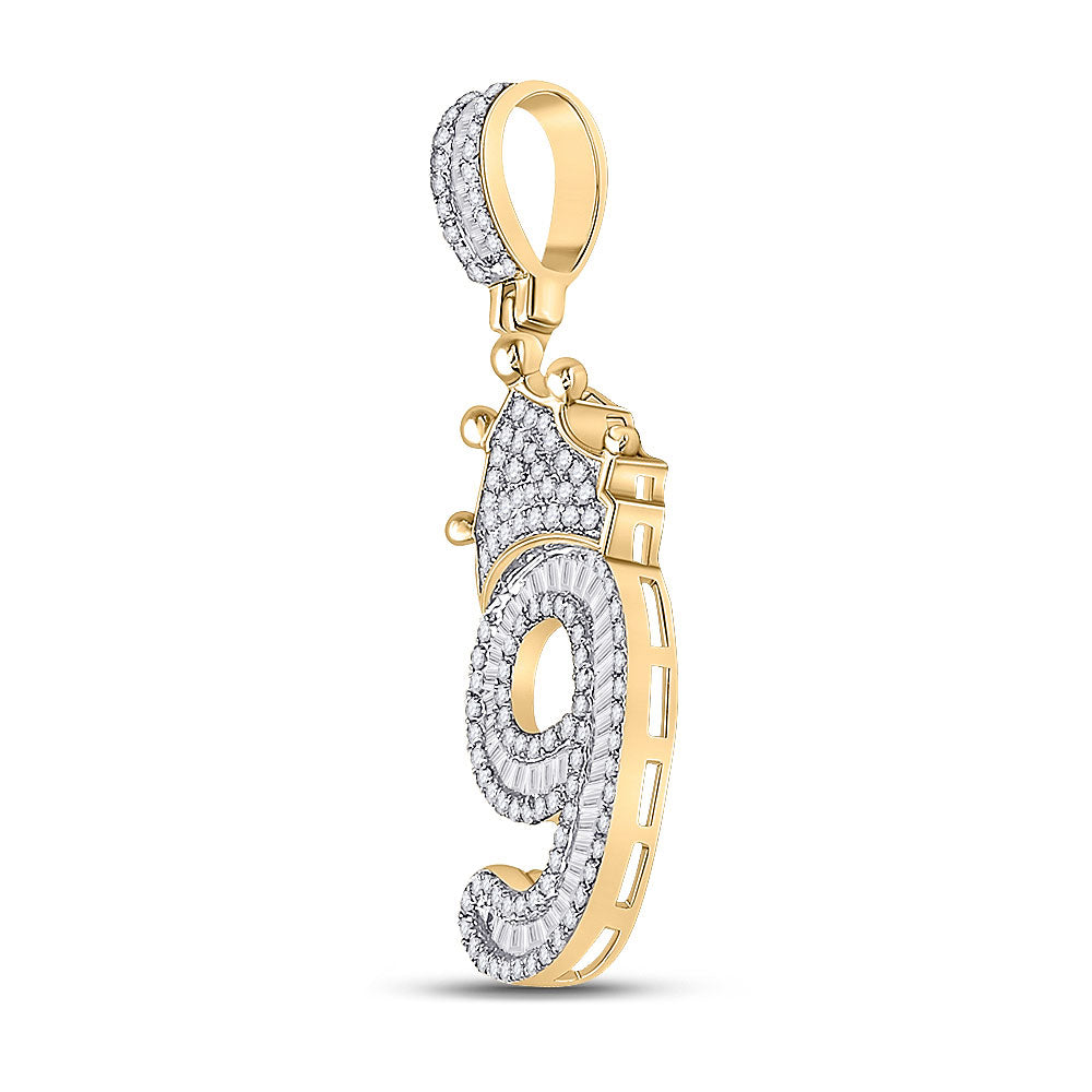 10K Yellow Gold Mens Baguette Diamond Number Crown Charm Pendant