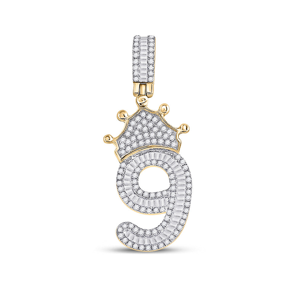 10K Yellow Gold Mens Baguette Diamond Number Crown Charm Pendant