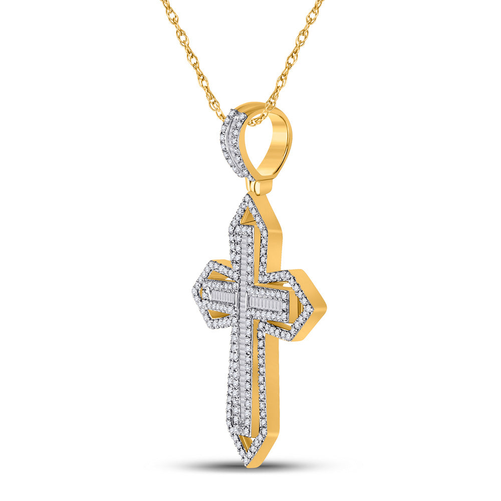14K Yellow Gold Mens Baguette Diamond Cross Charm Pendant 7/8 Cttw