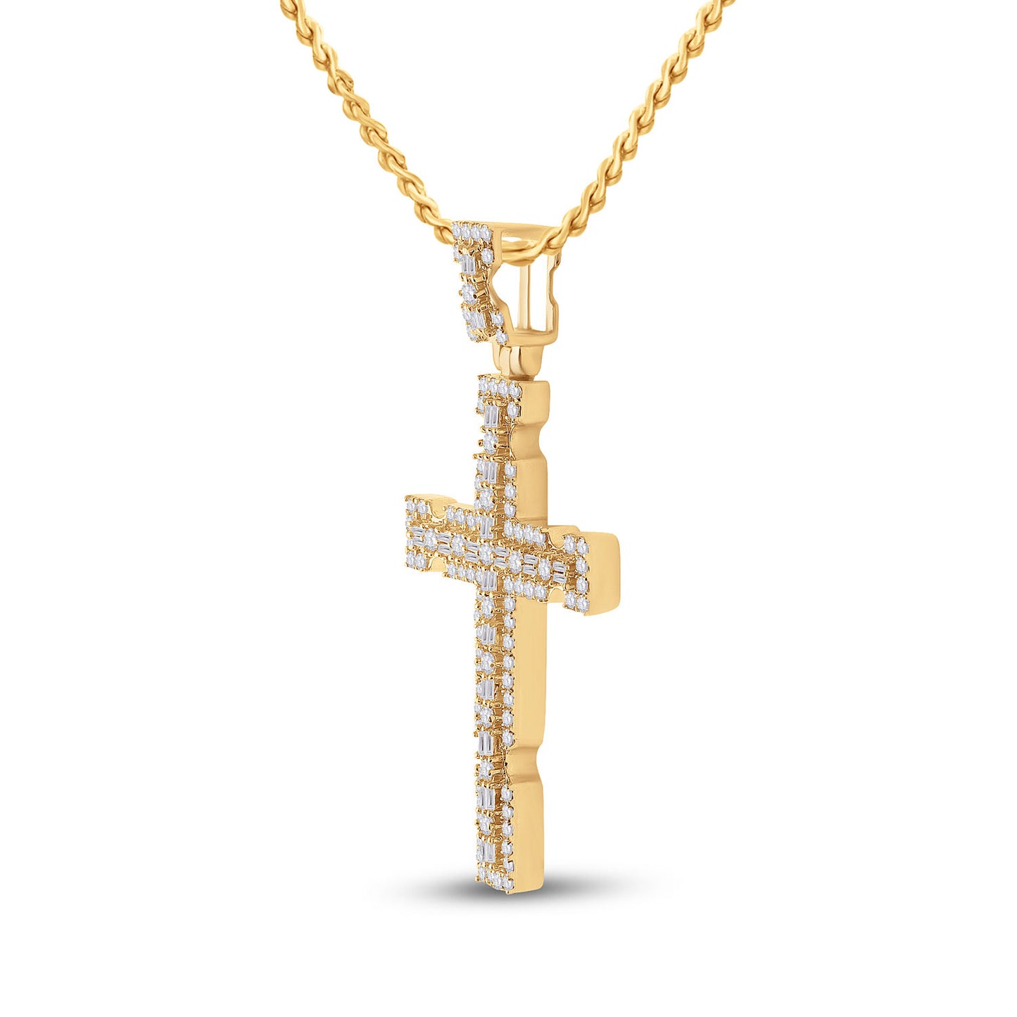 14K Yellow Gold Mens Baguette Diamond Cross Charm Pendant 1-3/8 Cttw
