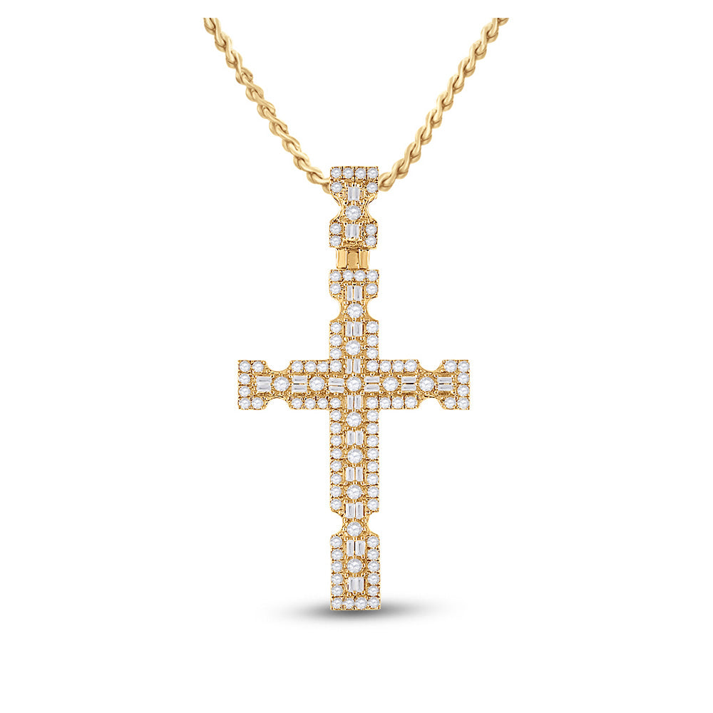 14K Yellow Gold Mens Baguette Diamond Cross Charm Pendant 1-3/8 Cttw