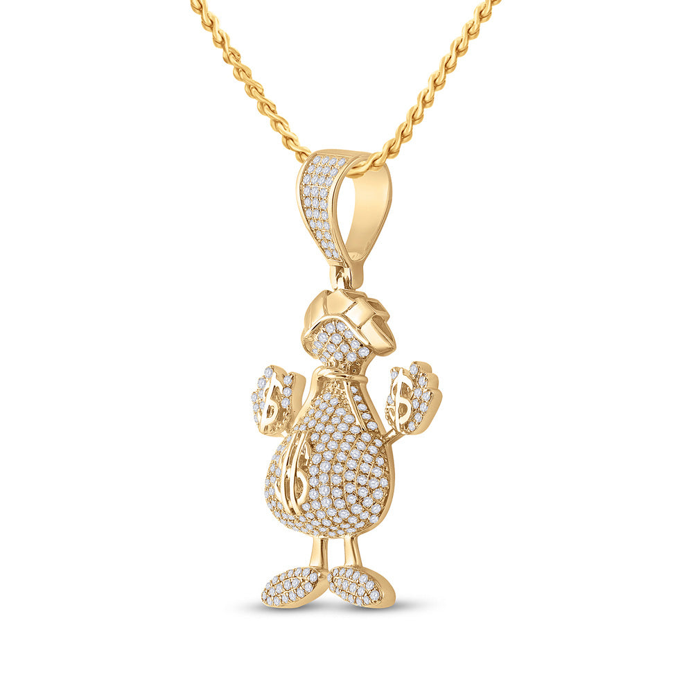 10K Yellow Gold Mens Round Diamond Dollar Money Bag Man Pendant 3 Cttw