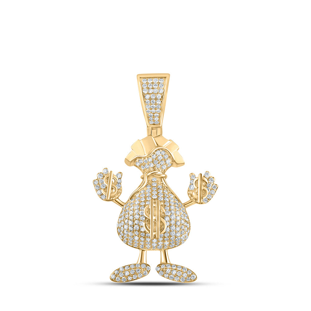 10K Yellow Gold Mens Round Diamond Dollar Money Bag Man Pendant 3 Cttw