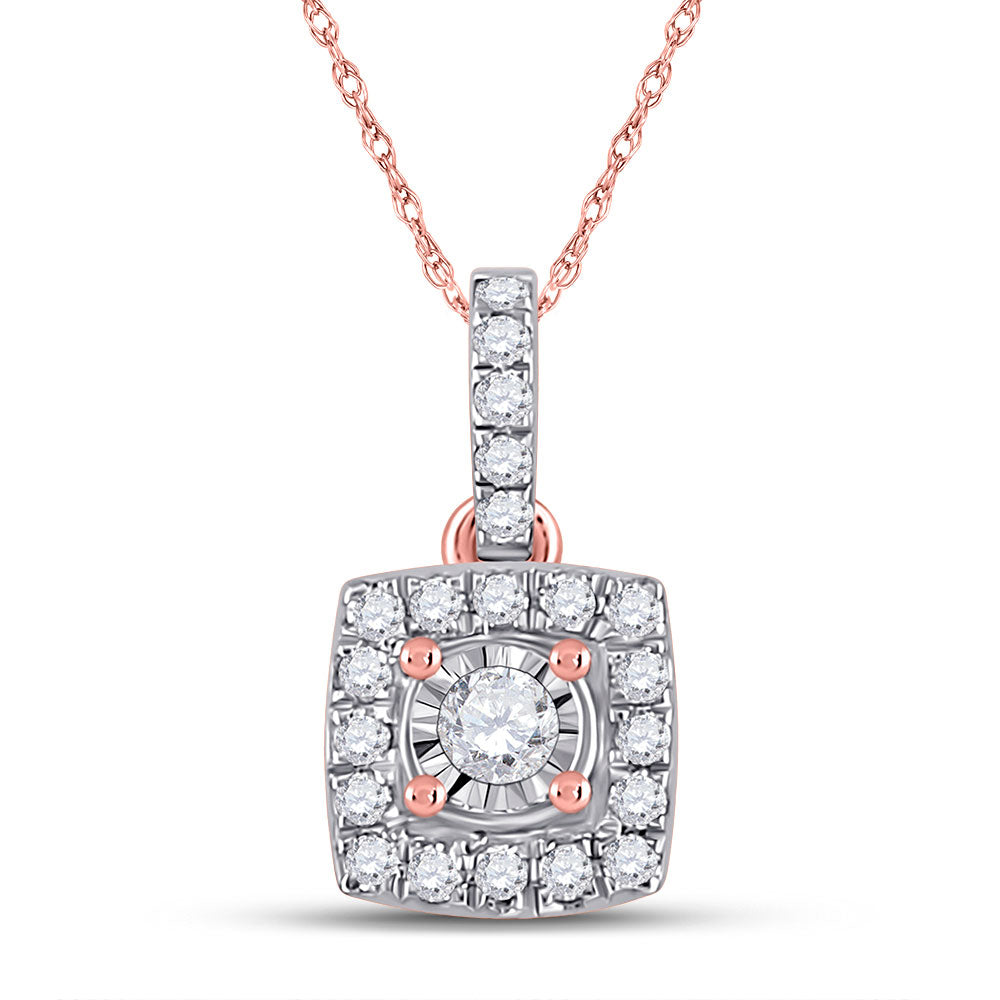 10K Rose Gold Womens Round Diamond Square Pendant 1/6 Cttw