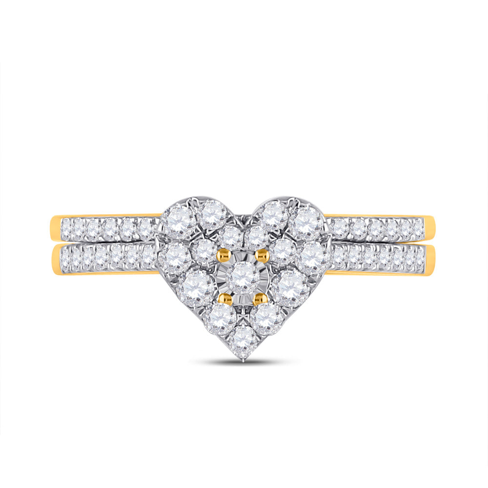 10K Yellow Gold Round Diamond Heart Bridal Wedding Ring Band Set 1/2 Cttw, Womens Size: 5-10