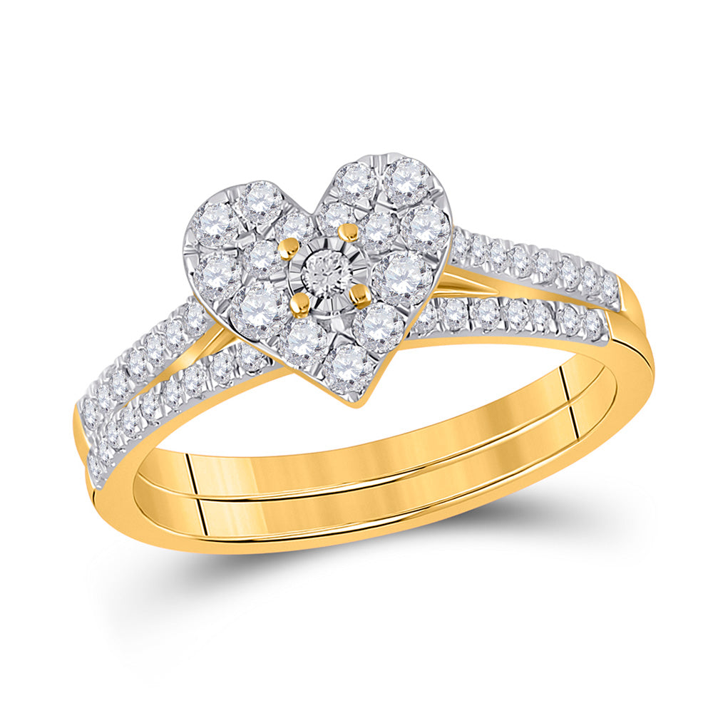 10K Yellow Gold Round Diamond Heart Bridal Wedding Ring Band Set 1/2 Cttw, Womens Size: 5-10