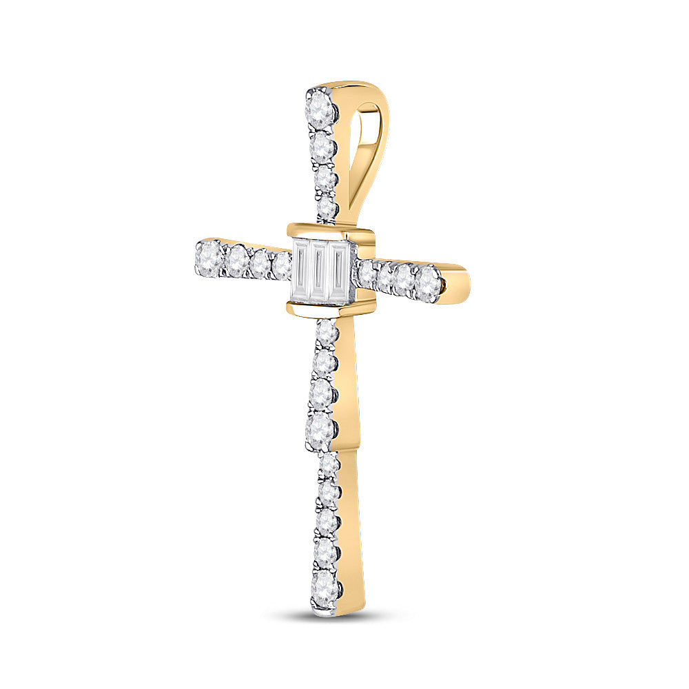 14K Yellow Gold Womens Baguette Round Diamond Cross Pendant 5/8 Cttw