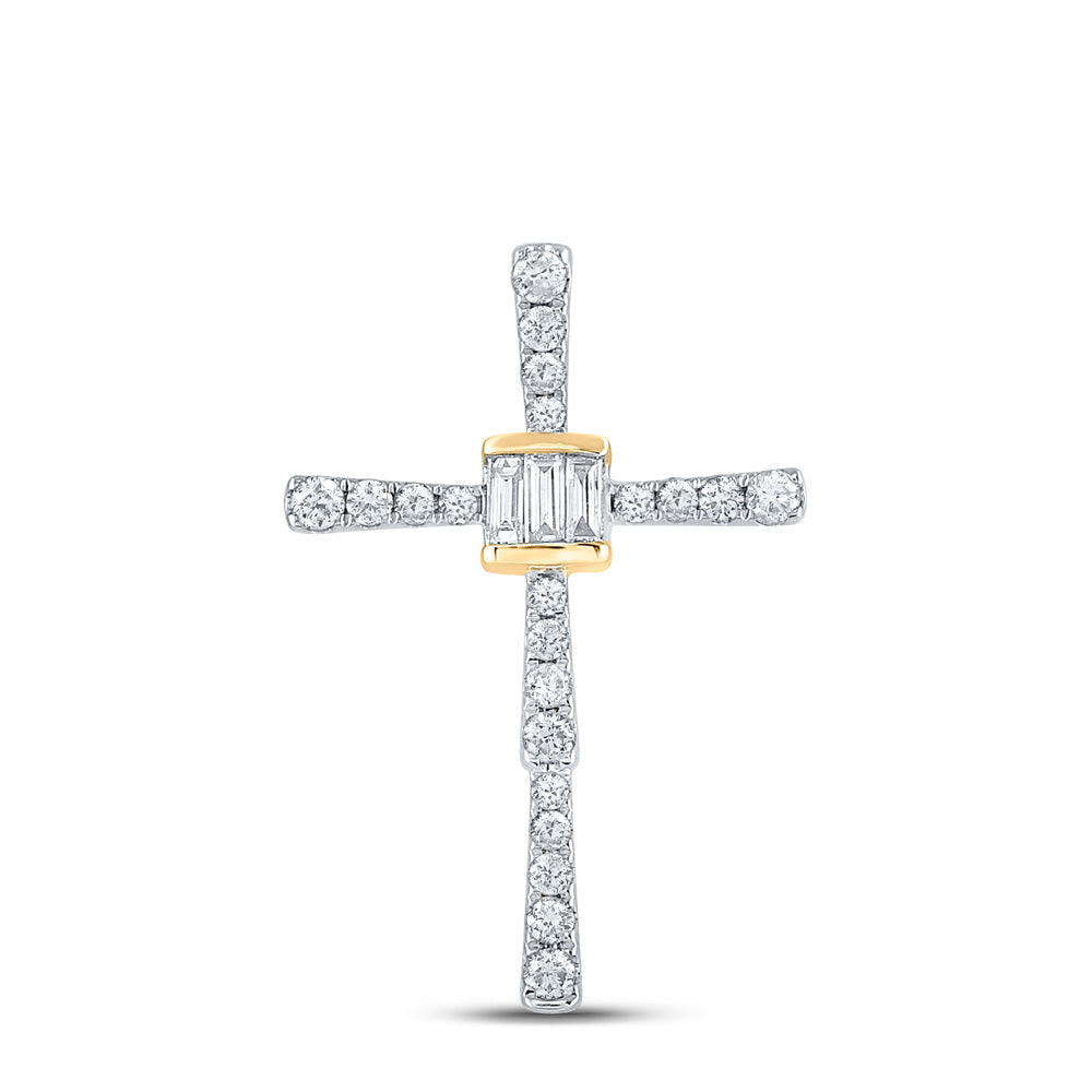 14K Yellow Gold Womens Baguette Round Diamond Cross Pendant 5/8 Cttw