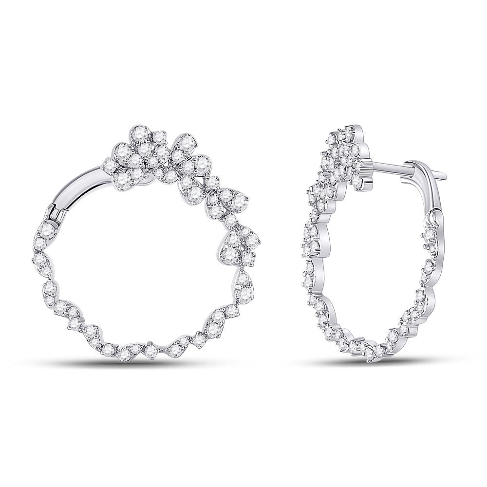14K White Gold Womens Round Diamond Hoop Earrings 1-1/2 Cttw