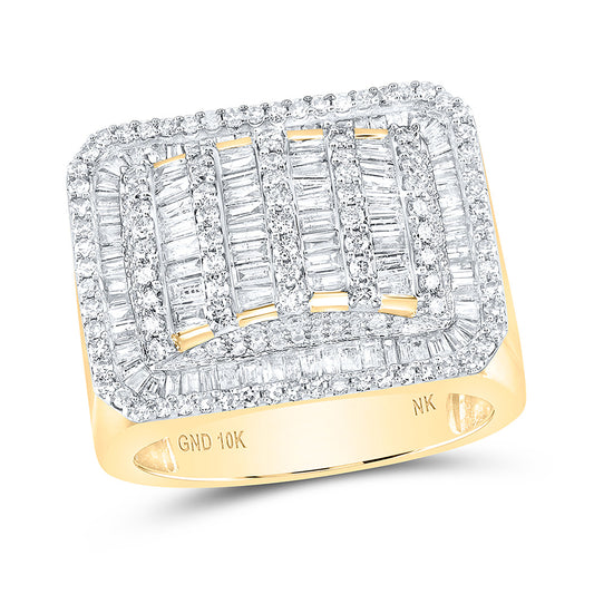 10K Yellow Gold Mens Baguette Diamond Rectangle Fashion Ring 2-1/3 Cttw, Mens Size: 7-13