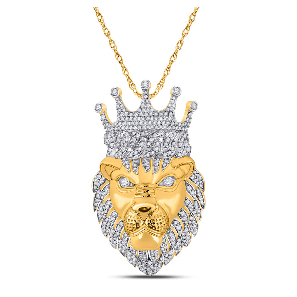 10K Yellow Gold Mens Round Diamond Lion Face Crown Charm Pendant 1-3/4 Cttw, Length: 2.11 In, Width: 1.22 In
