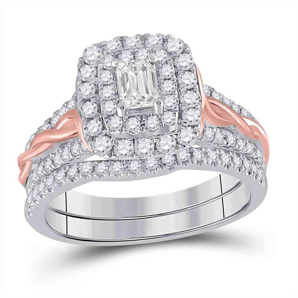 14K Two-tone Gold Emerald Diamond Bridal Wedding Ring Band Set 1 Cttw, Womens Size: 5-10