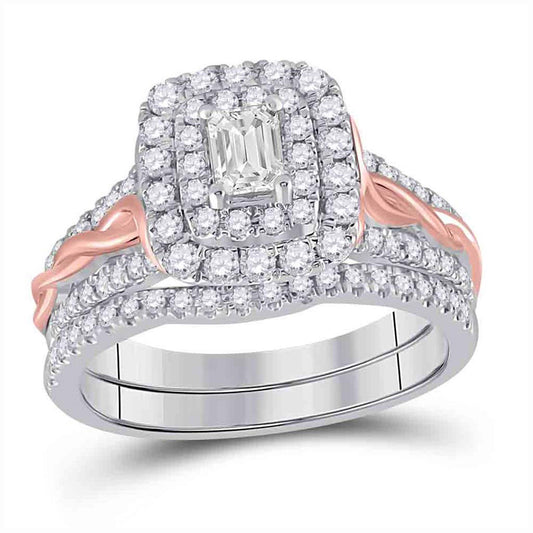 14K Two-tone Gold Emerald Diamond Bridal Wedding Ring Band Set 1 Cttw, Womens Size: 5-10
