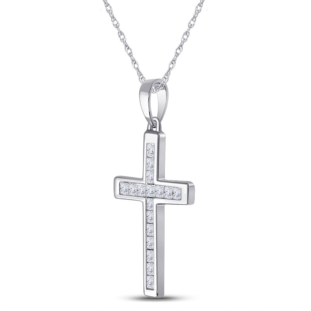 10K White Gold Womens Princess Diamond Cross Pendant 1/3 Cttw