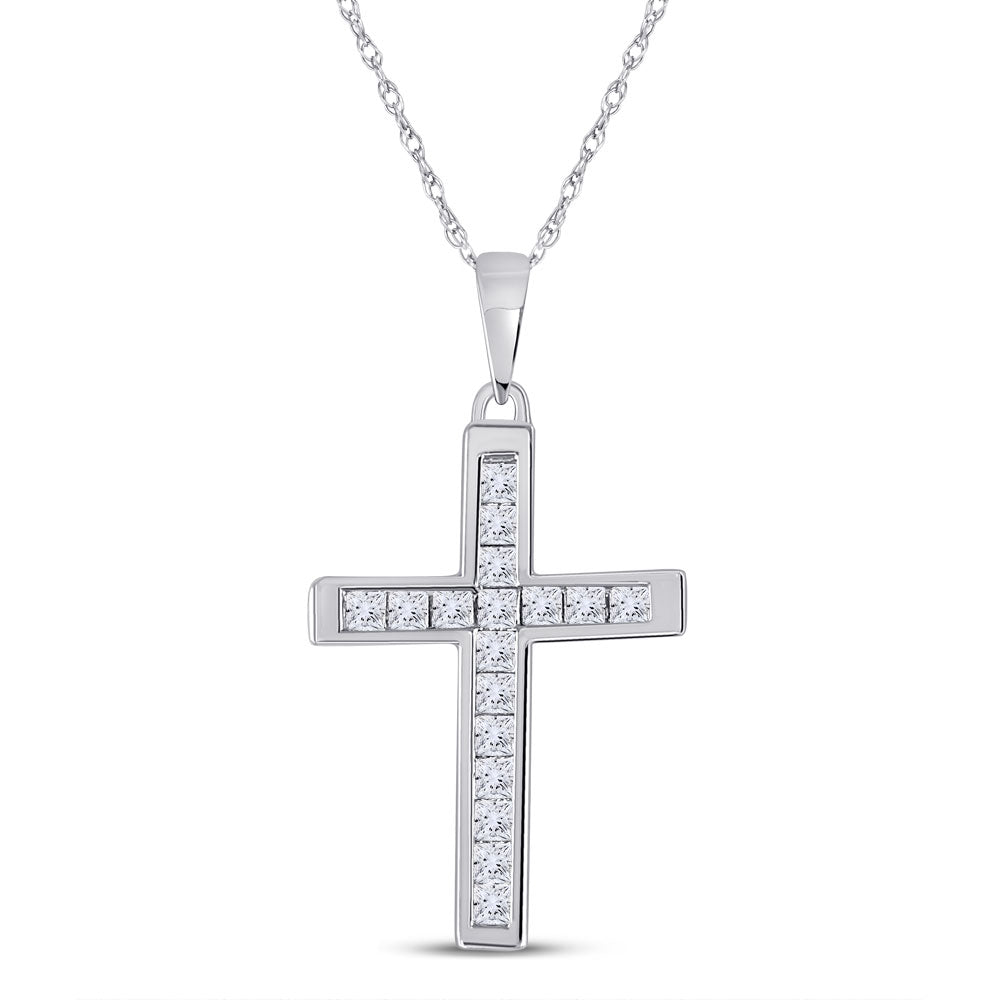 10K White Gold Womens Princess Diamond Cross Pendant 1/3 Cttw