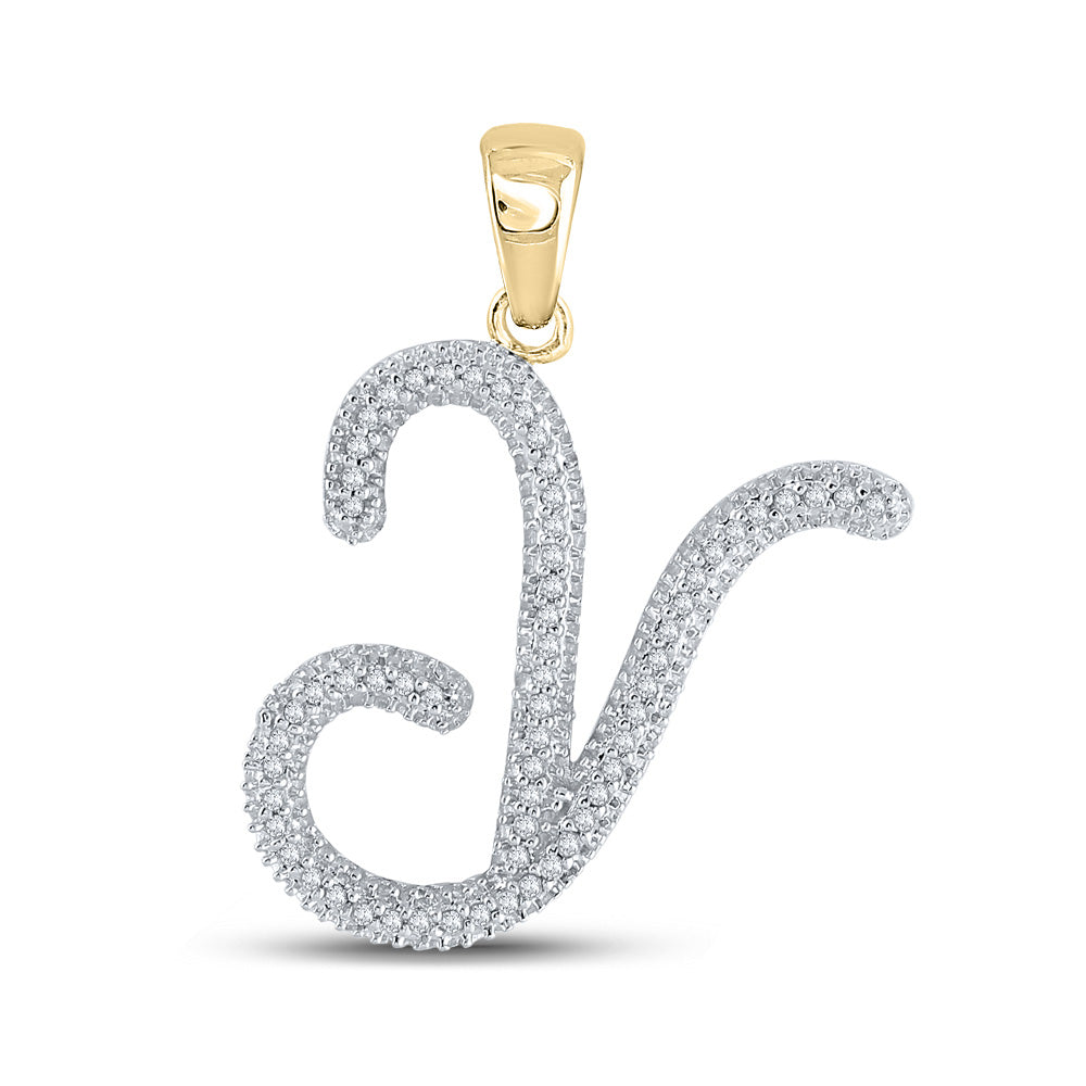10K Yellow Gold Womens Round Diamond Cursive Letter Pendant