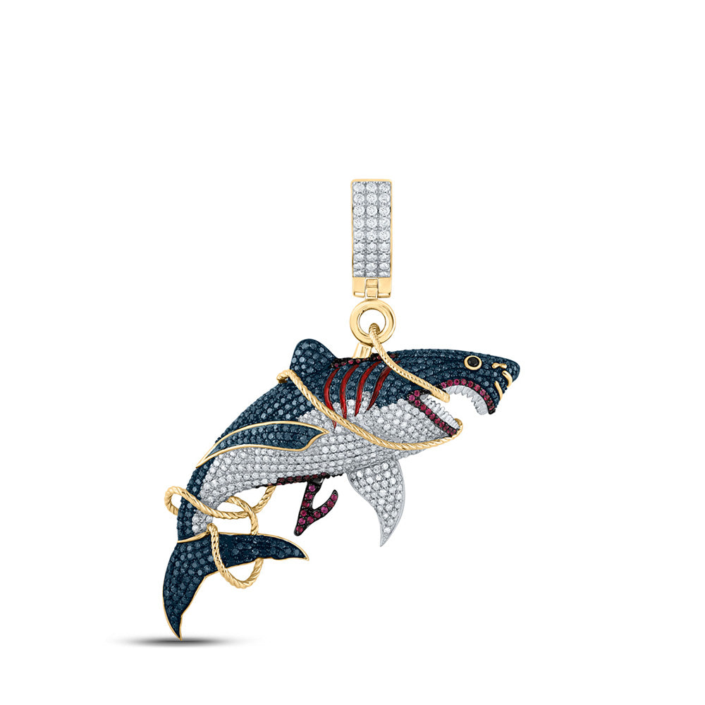 14K Yellow Gold Mens Round Ruby Diamond Shark Charm Pendant 3-1/2 Cttw