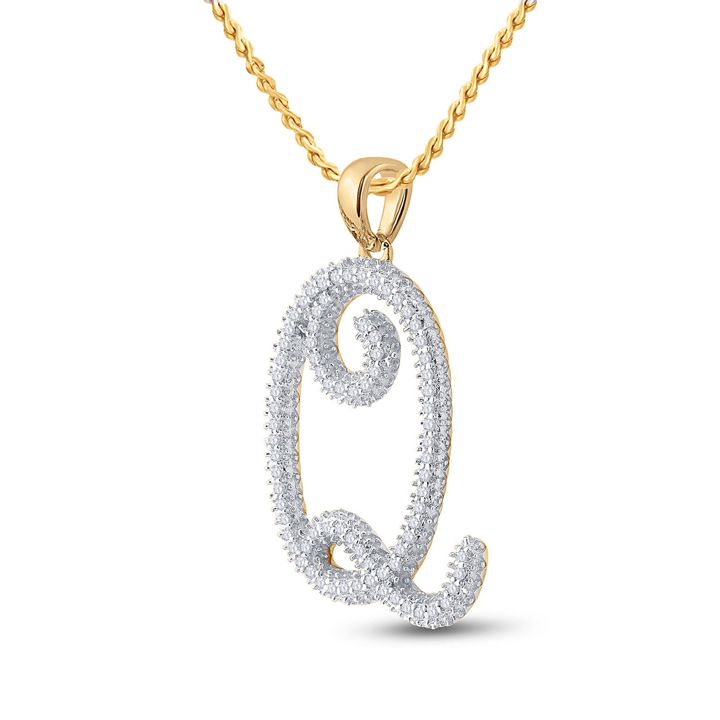 10K Yellow Gold Womens Round Diamond Initial Q Letter Pendant 1/4 Cttw