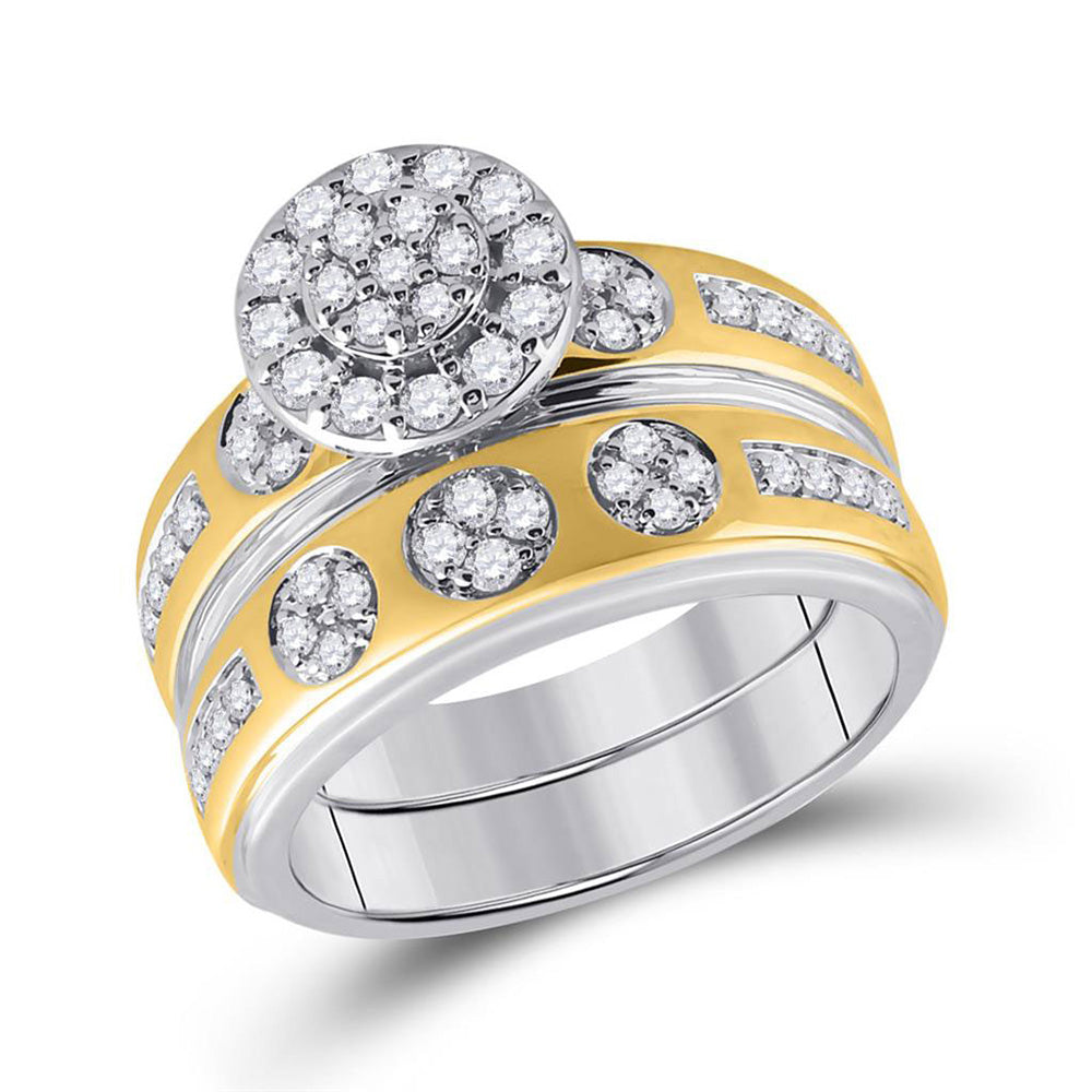 14K Two-tone Gold His Hers Round Diamond Cluster Matching Wedding Set 1 Cttw, Womens Size: 5-10, Mens Size: 7-13