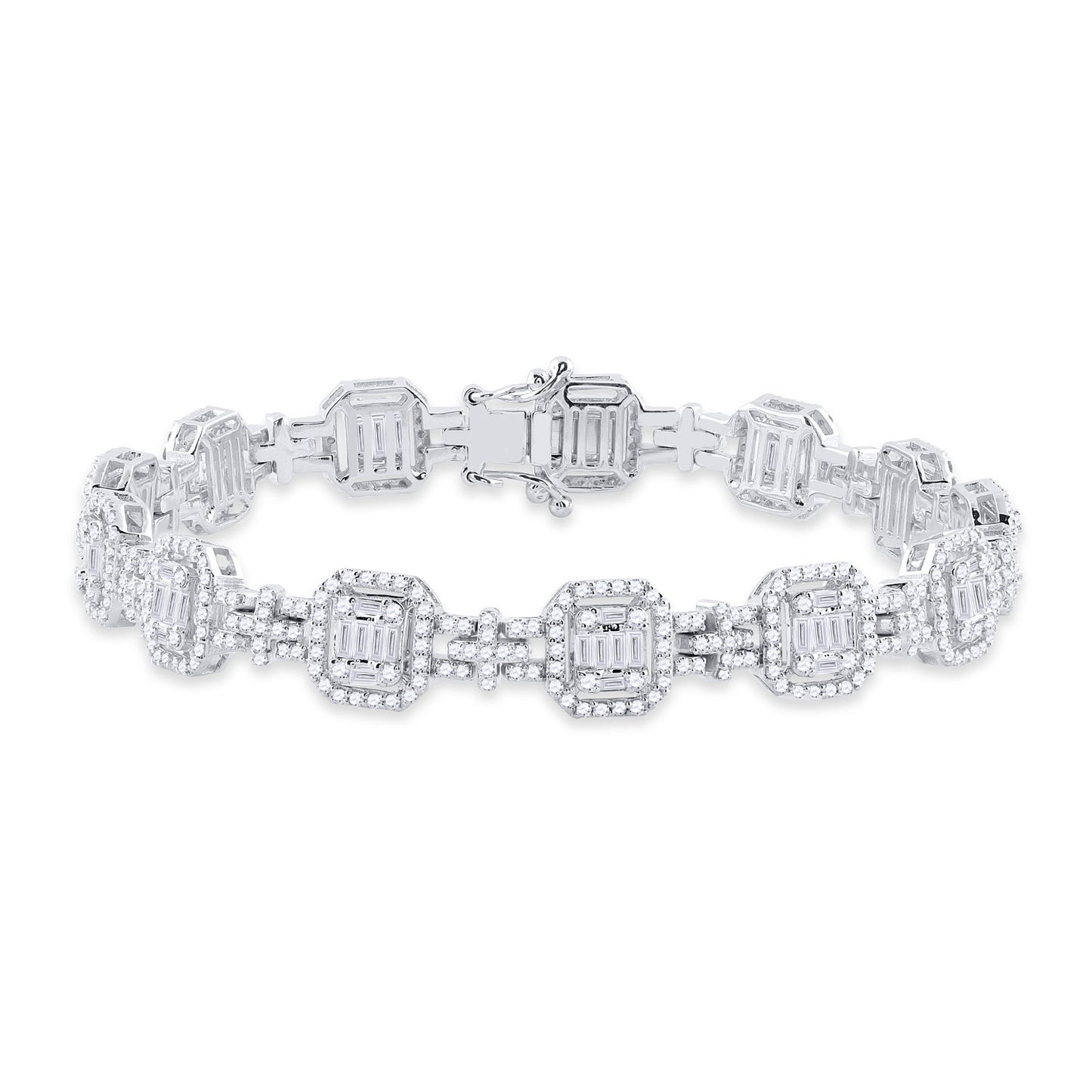14K White Gold Womens Baguette Diamond Square Link Bracelet 3 Cttw