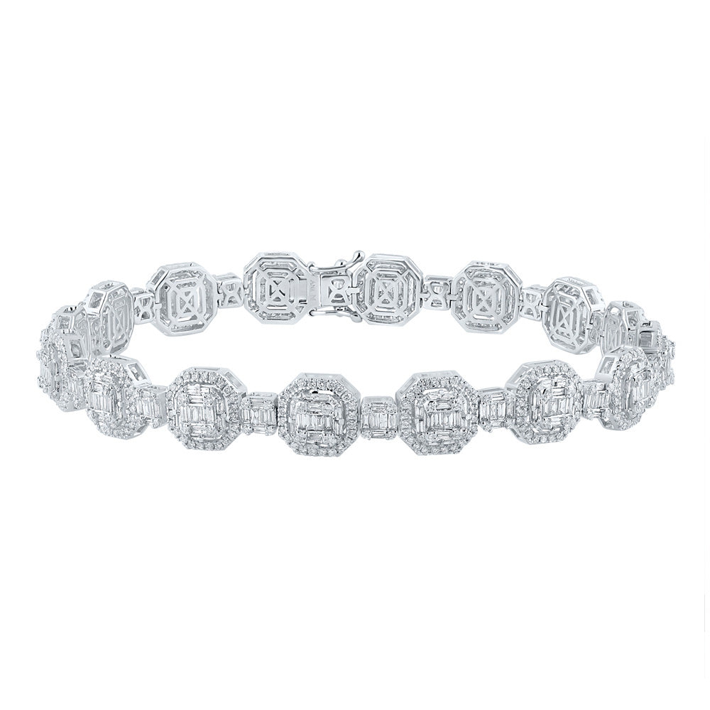 14K White Gold Mens Baguette Diamond Link Bracelet 6-1/4 Cttw