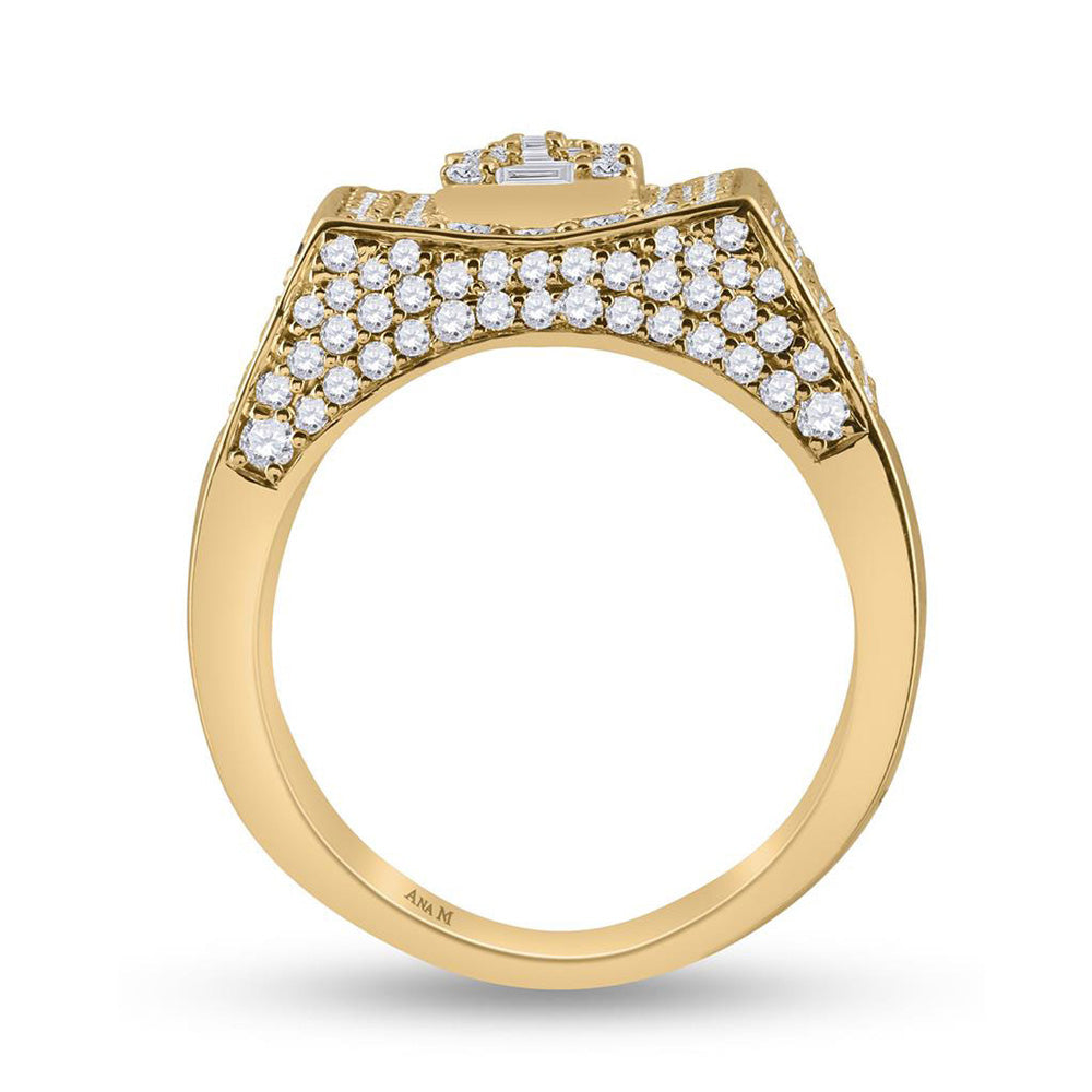 14K Yellow Gold Mens Baguette Diamond Square Ring 2-3/4 Cttw, Mens Size: 7-13