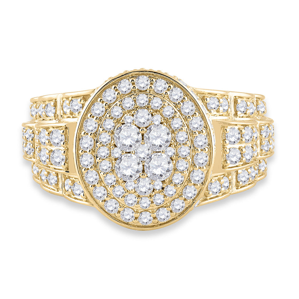 14K Yellow Gold Mens Round Diamond Oval Ring 2-3/4 Cttw, Mens Size: 7-13