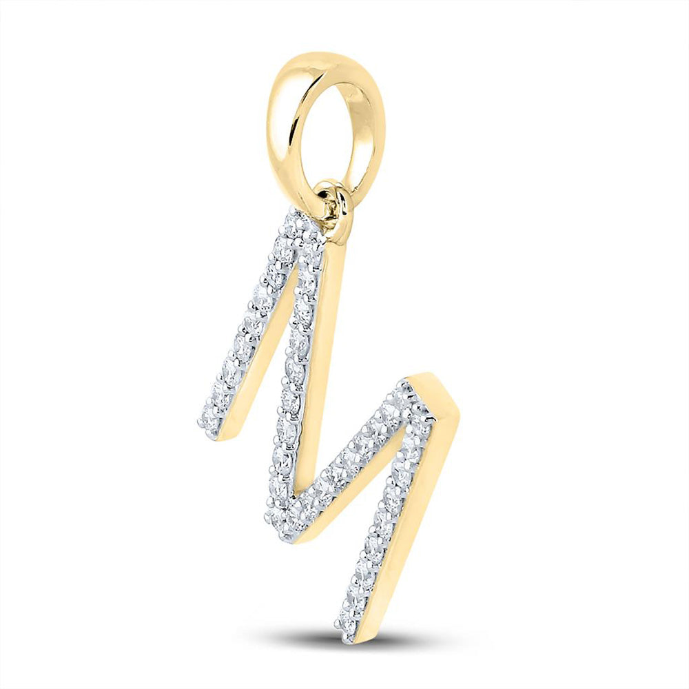 10K Yellow Gold Womens Round Diamond M Initial Letter Pendant 1/4 Cttw, Length: 0.8 In, Width: 0.46 In