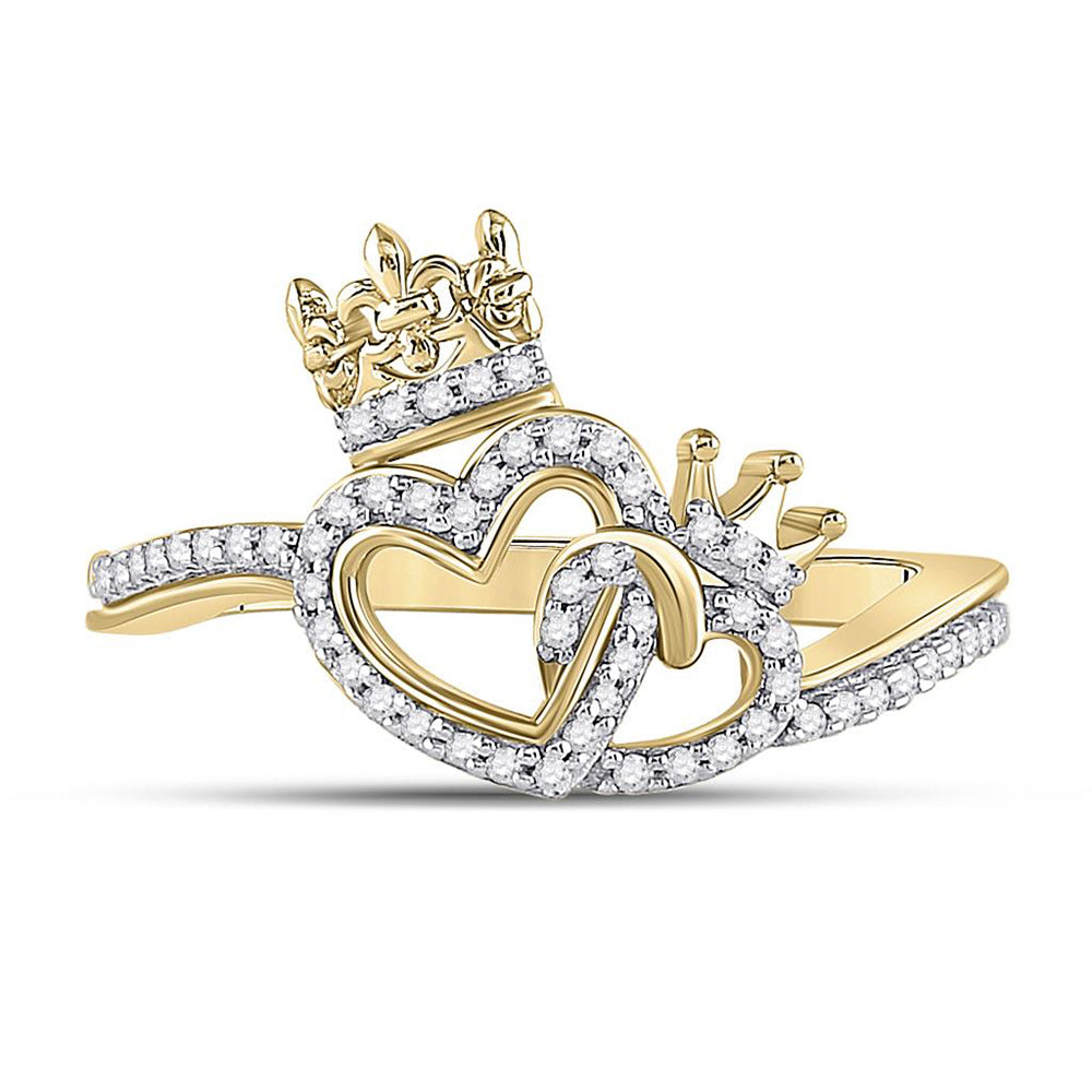 10K Yellow Gold Womens Round Diamond King Queen Heart Ring 1/6 Cttw, Womens Size: 5-10
