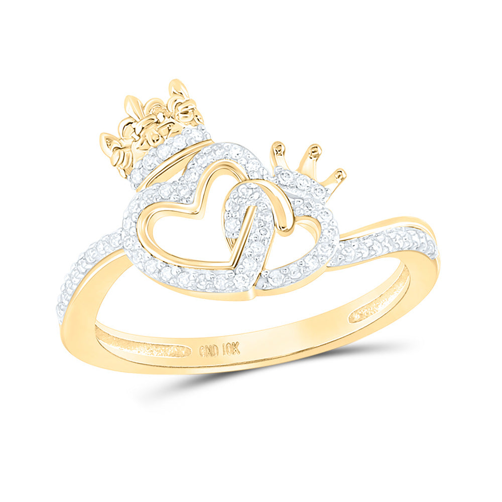 10K Yellow Gold Womens Round Diamond King Queen Heart Ring 1/6 Cttw, Womens Size: 5-10