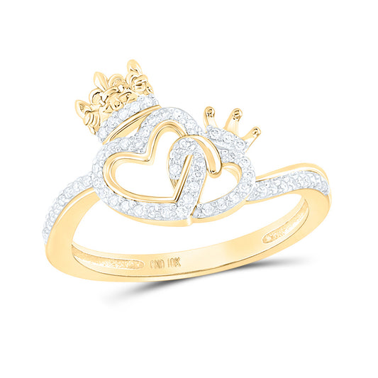 10K Yellow Gold Womens Round Diamond King Queen Heart Ring 1/6 Cttw, Womens Size: 5-10