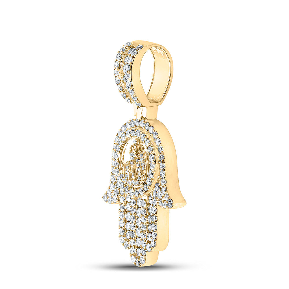 10K Yellow Gold Mens Round Diamond Hamsa Allah Charm Pendant 3 Cttw, Length: 1.91 In, Width: 1.04 In