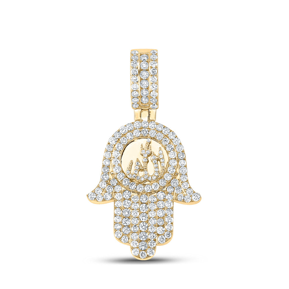 10K Yellow Gold Mens Round Diamond Hamsa Allah Charm Pendant 3 Cttw, Length: 1.91 In, Width: 1.04 In