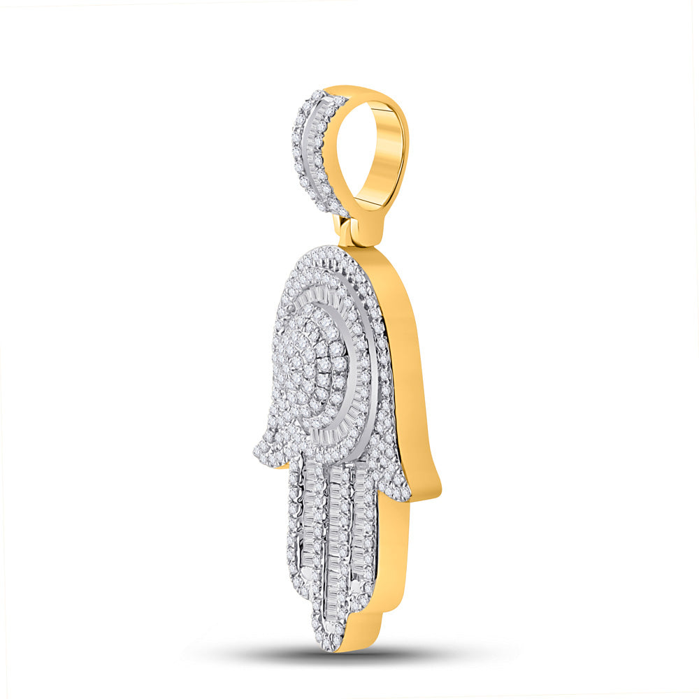 10K Yellow Gold Mens Baguette Diamond Hamsa Charm Pendant 1 Cttw, Length: 1.47 In, Width: 0.85 In
