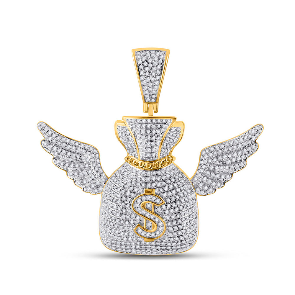 10K Yellow Gold Mens Round Diamond Money Bag Wings Charm Pendant 1-1/2 Cttw