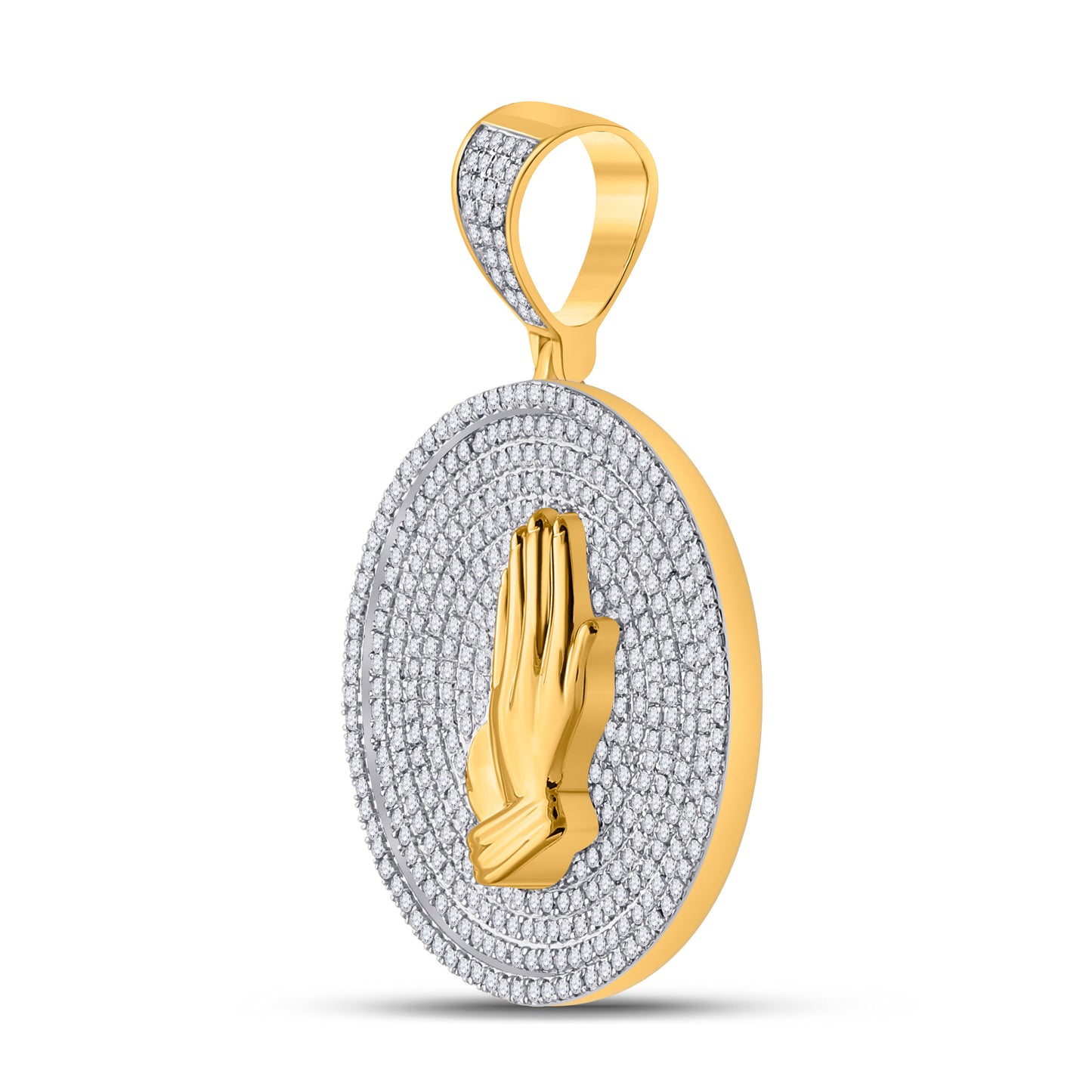 10K Yellow Gold Mens Round Diamond Praying Hands Circle Charm Pendant 1 Cttw, Length: 1.56 In, Width: 1.1 In