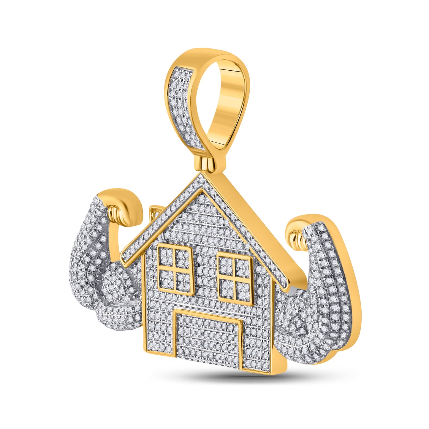 10K Yellow Gold Mens Round Diamond Flex Trap House Charm Pendant 1-1/2 Cttw