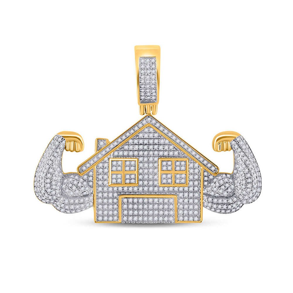 10K Yellow Gold Mens Round Diamond Flex Trap House Charm Pendant 1-1/2 Cttw