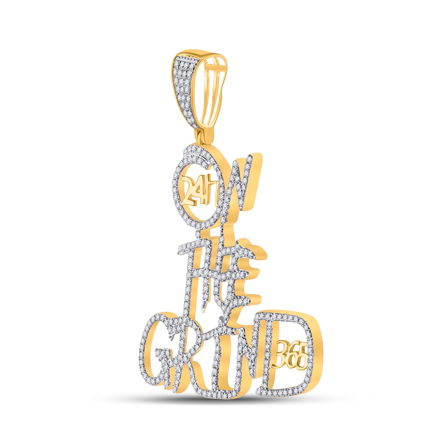 10K Yellow Gold Mens Round Diamond On The Grind Phrase Charm Pendant 3/4 Cttw, Length: 1.88 In, Width: 1.47 In