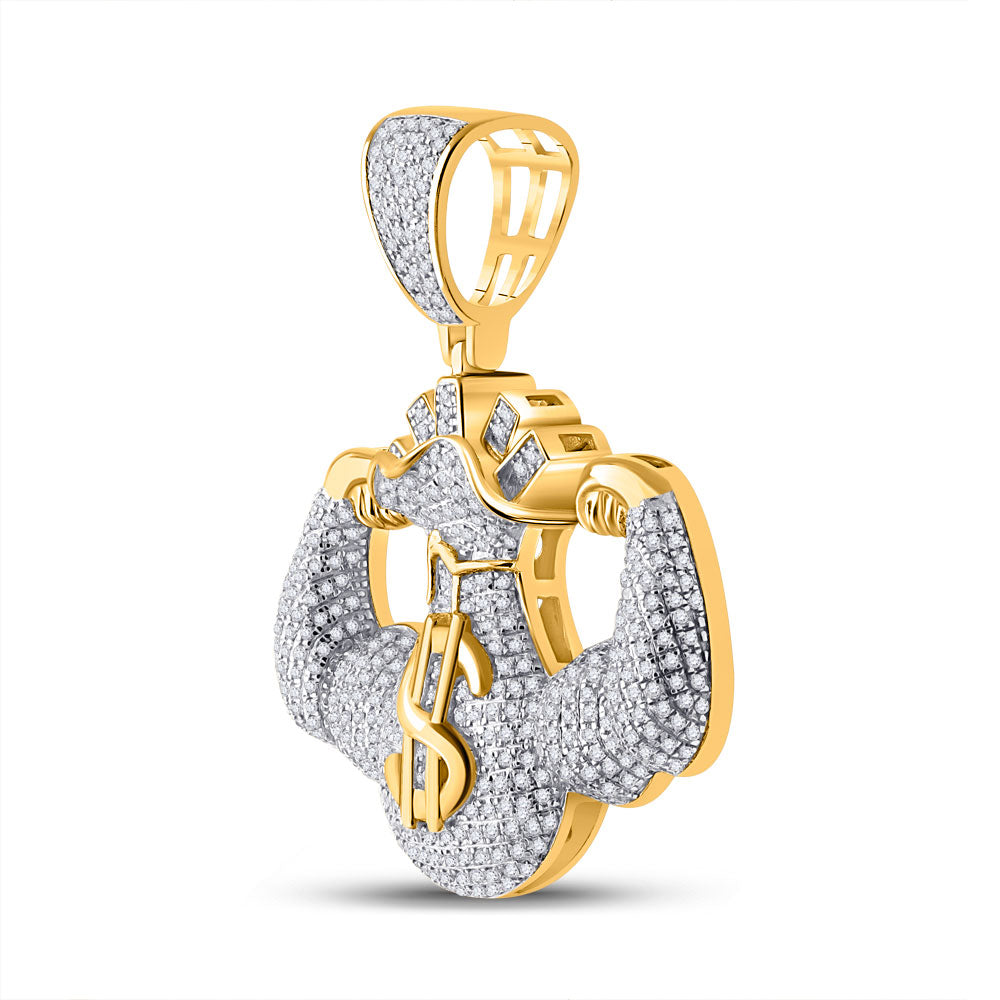 10K Yellow Gold Mens Round Diamond Flex Money Bag Charm Pendant 1-1/3 Cttw